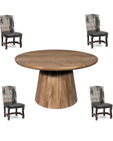 Five Piece Brown Round Solid Wood Dining Set with Four Chairs