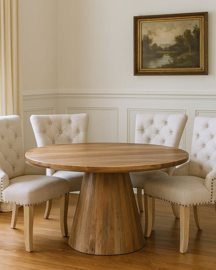 Five Piece Brown Round Solid Wood Dining Set with Four Chairs