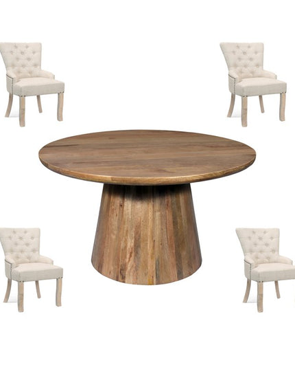 Five Piece Brown Round Solid Wood Dining Set with Four Chairs