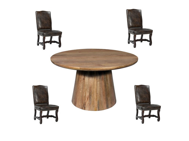 Five Piece Brown Round Solid Wood Dining Set with Four Chairs