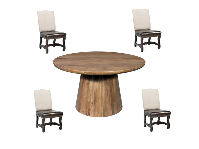 Five Piece Brown Round Solid Wood Dining Set with Four Chairs