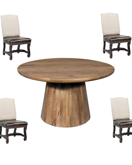 Five Piece Brown Round Solid Wood Dining Set with Four Chairs
