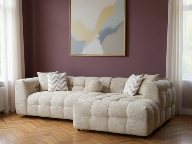 Ivory Boucle L Shaped Two Piece Sofa and Chaise Sectional With Toss Pillows