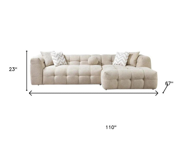 Ivory Boucle L Shaped Two Piece Sofa and Chaise Sectional With Toss Pillows