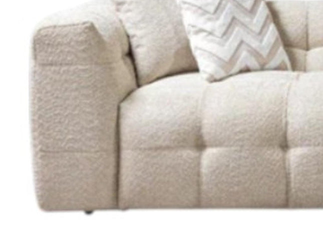 Ivory Boucle L Shaped Two Piece Sofa and Chaise Sectional With Toss Pillows