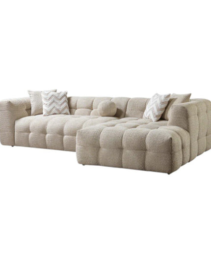 Ivory Boucle L Shaped Two Piece Sofa and Chaise Sectional With Toss Pillows