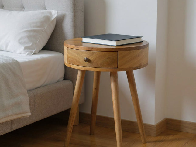 22" Natural Solid Wood Round One Drawer Nightstand