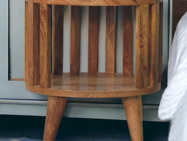 16" Light Brown Solid Wood Slat Back Round Nightstand