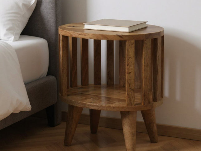 16" Light Brown Solid Wood Slat Back Round Nightstand