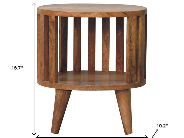 16" Light Brown Solid Wood Slat Back Round Nightstand