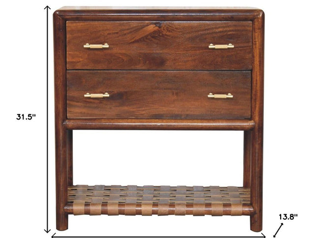32" Brown Solid Wood Two Drawer Nightstand With Leather Shelf