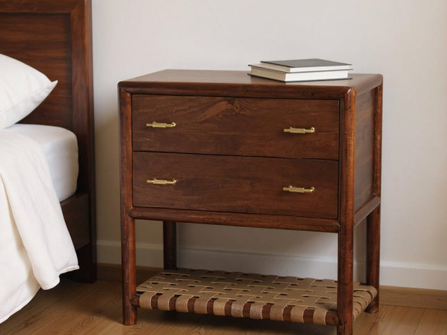 32" Brown Solid Wood Two Drawer Nightstand With Leather Shelf