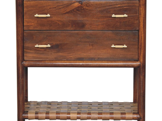 32" Brown Solid Wood Two Drawer Nightstand With Leather Shelf