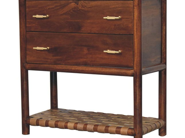 32" Brown Solid Wood Two Drawer Nightstand With Leather Shelf