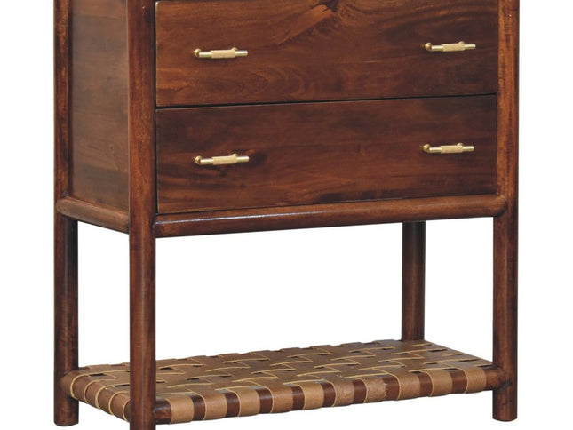 32" Brown Solid Wood Two Drawer Nightstand With Leather Shelf