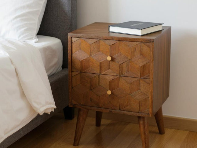 22" Chestnut Solid Wood Carved Geometric Two Drawer Nightstand