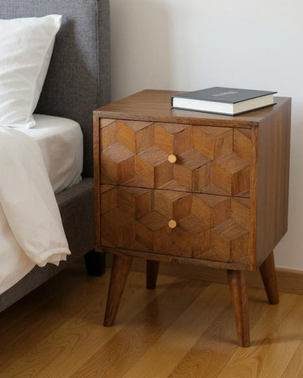 22" Chestnut Solid Wood Carved Geometric Two Drawer Nightstand
