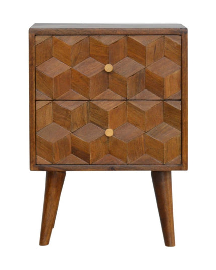 22" Chestnut Solid Wood Carved Geometric Two Drawer Nightstand