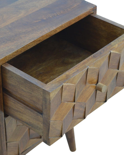 22" Chestnut Solid Wood Carved Geometric Two Drawer Nightstand