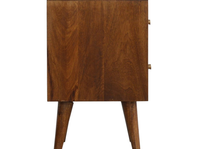 22" Chestnut Solid Wood Carved Geometric Two Drawer Nightstand