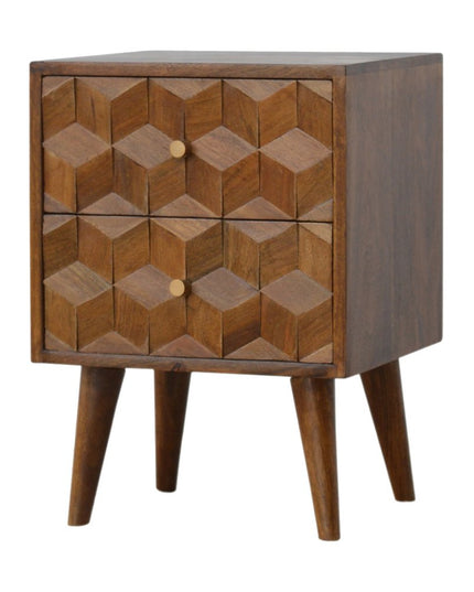 22" Chestnut Solid Wood Carved Geometric Two Drawer Nightstand