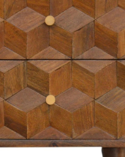 22" Chestnut Solid Wood Carved Geometric Two Drawer Nightstand