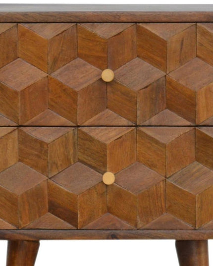 22" Chestnut Solid Wood Carved Geometric Two Drawer Nightstand