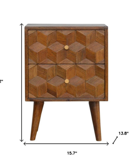 22" Chestnut Solid Wood Carved Geometric Two Drawer Nightstand