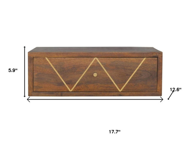 18" Brown Solid Wood Geometric Brass Inlay One Drawer Floating Nightstand