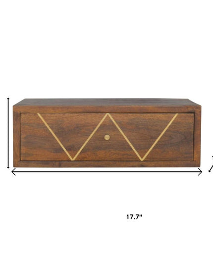18" Brown Solid Wood Geometric Brass Inlay One Drawer Floating Nightstand