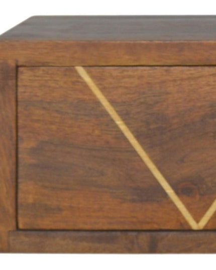 18" Brown Solid Wood Geometric Brass Inlay One Drawer Floating Nightstand