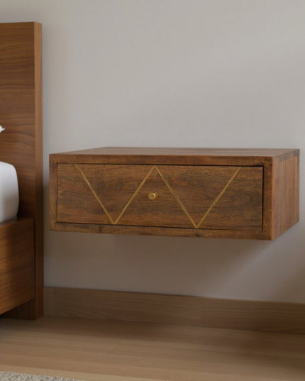 18" Brown Solid Wood Geometric Brass Inlay One Drawer Floating Nightstand