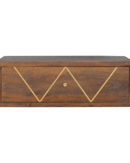 18" Brown Solid Wood Geometric Brass Inlay One Drawer Floating Nightstand