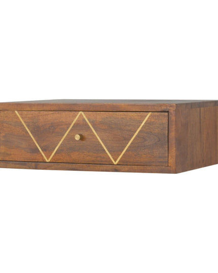 18" Brown Solid Wood Geometric Brass Inlay One Drawer Floating Nightstand