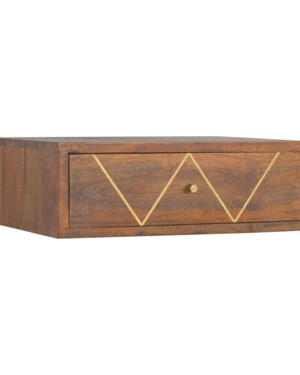 18" Brown Solid Wood Geometric Brass Inlay One Drawer Floating Nightstand