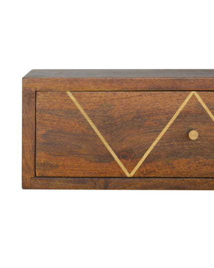 18" Brown Solid Wood Geometric Brass Inlay One Drawer Floating Nightstand