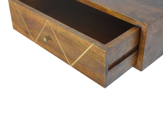 18" Brown Solid Wood Geometric Brass Inlay One Drawer Floating Nightstand