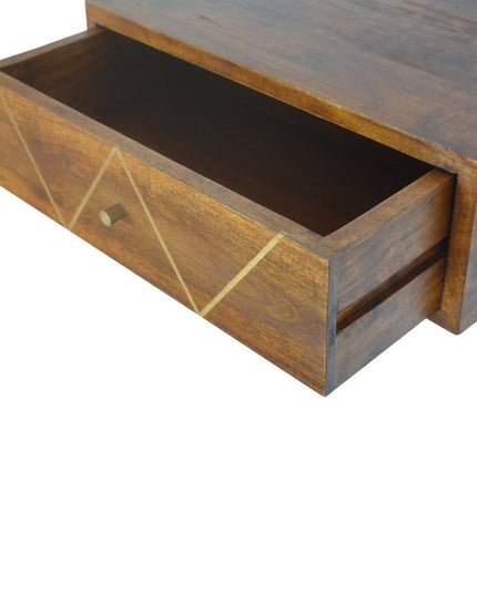 18" Brown Solid Wood Geometric Brass Inlay One Drawer Floating Nightstand