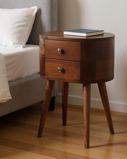 20" Brown Solid Wood Oval Distressed Two Drawer Nightstand
