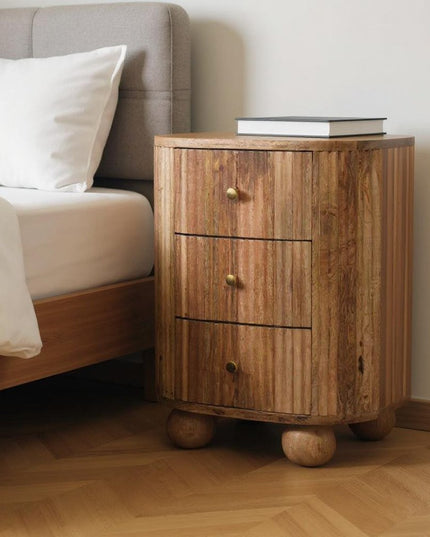 23" Natural Solid Wood Ribbed Texture Round Three Drawer Nightstand