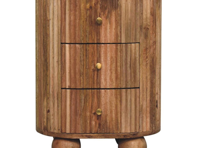 23" Natural Solid Wood Ribbed Texture Round Three Drawer Nightstand