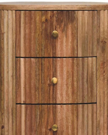 23" Natural Solid Wood Ribbed Texture Round Three Drawer Nightstand