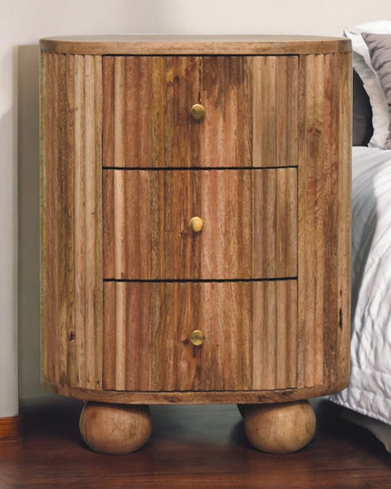 23" Natural Solid Wood Ribbed Texture Round Three Drawer Nightstand