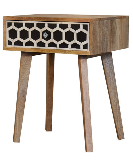 22" Black White And Brown Solid Wood Geometric Bone Inlay One Drawer Nightstand