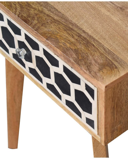 22" Black White And Brown Solid Wood Geometric Bone Inlay One Drawer Nightstand