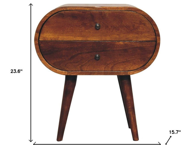 24" Chestnut Solid Wood Oval Two Drawer Nightstand