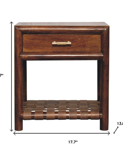 20" Chestnut Solid Wood One Drawer Nightstand With Leather Shelf