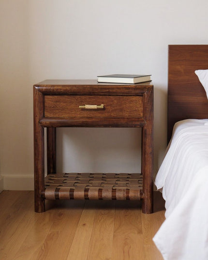 20" Chestnut Solid Wood One Drawer Nightstand With Leather Shelf