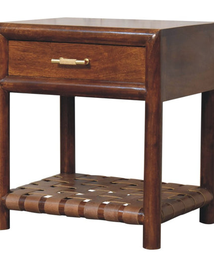 20" Chestnut Solid Wood One Drawer Nightstand With Leather Shelf