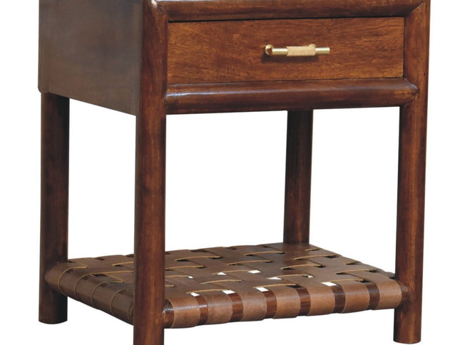 20" Chestnut Solid Wood One Drawer Nightstand With Leather Shelf